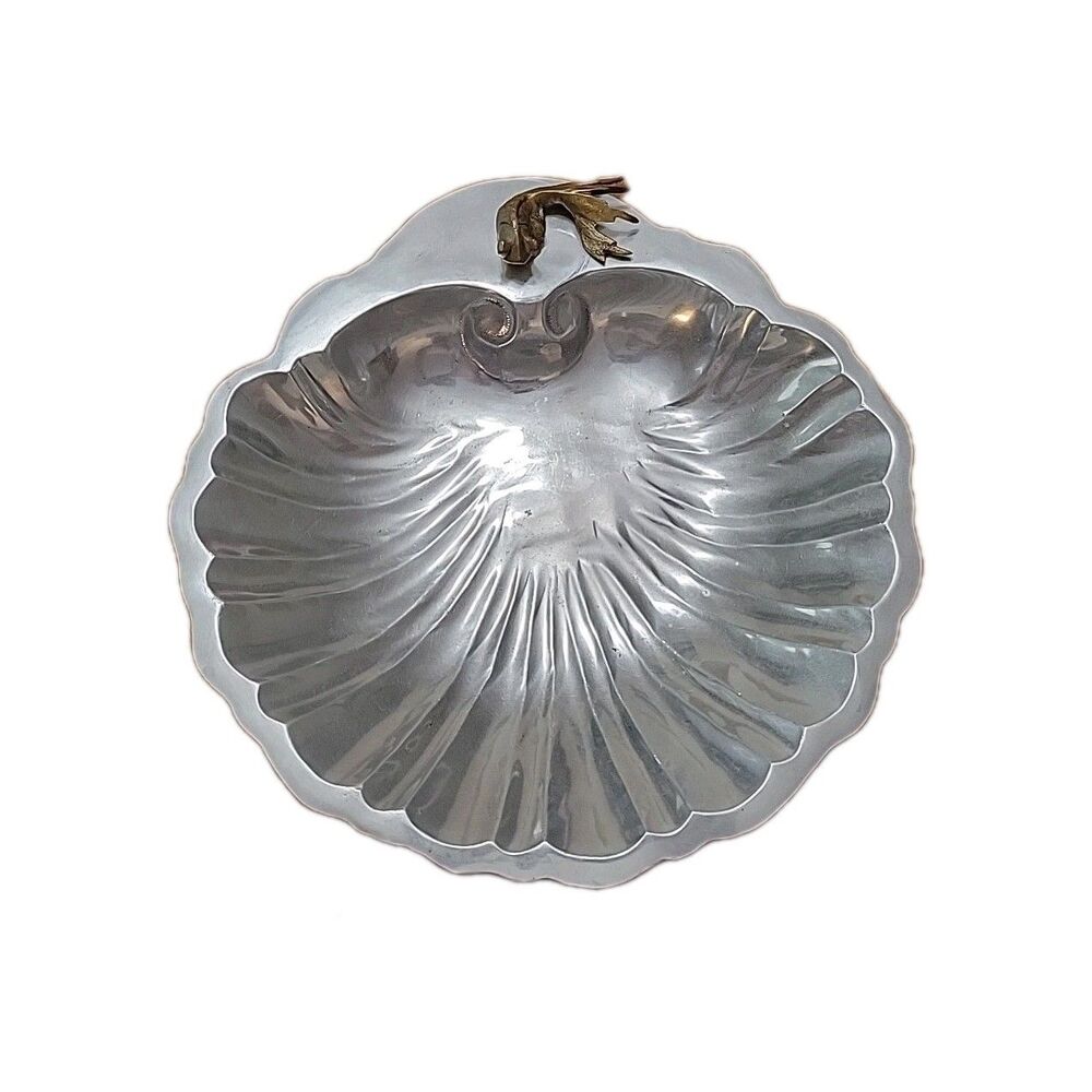 Vintage Rare MCM Brass Koi Fish Large Metal Shell Platter Mexico 15x15 Herco SA
